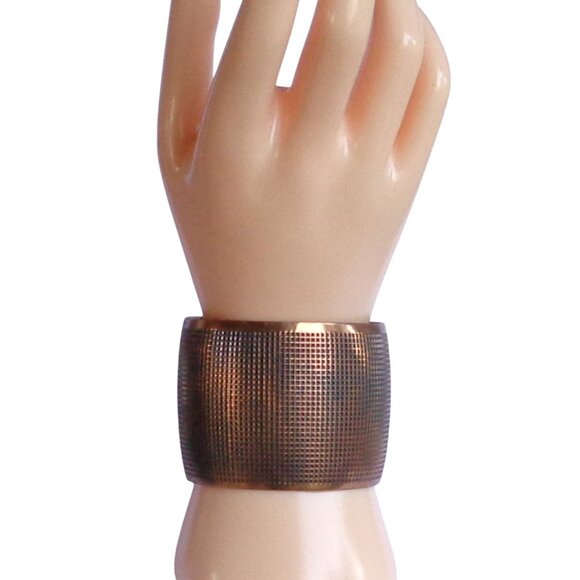 Oxidized Blackened Antique Copper Metal Cuff Bracelet Textured Grid Statement - Picture 5 of 5